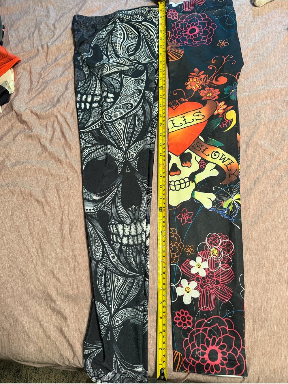 2 pair Women’s Graphic Skull Leggings - Black with Multicolor Floral  small